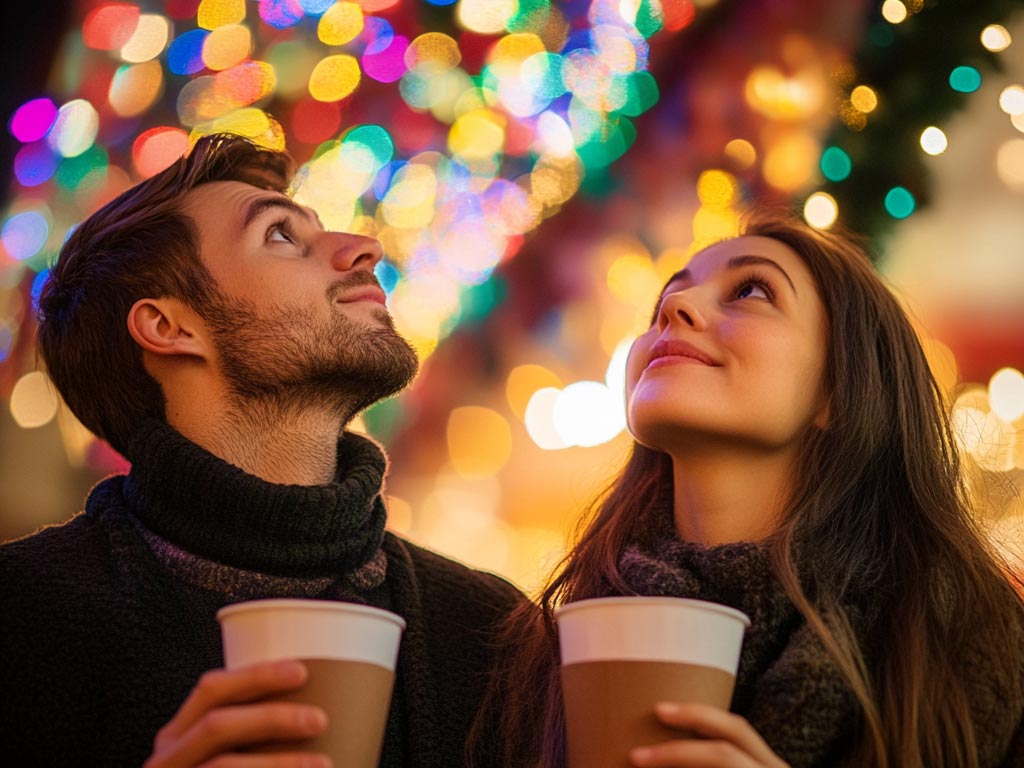 Couple drink Christmas Cocoa under Yuma Christmas event holiday lights