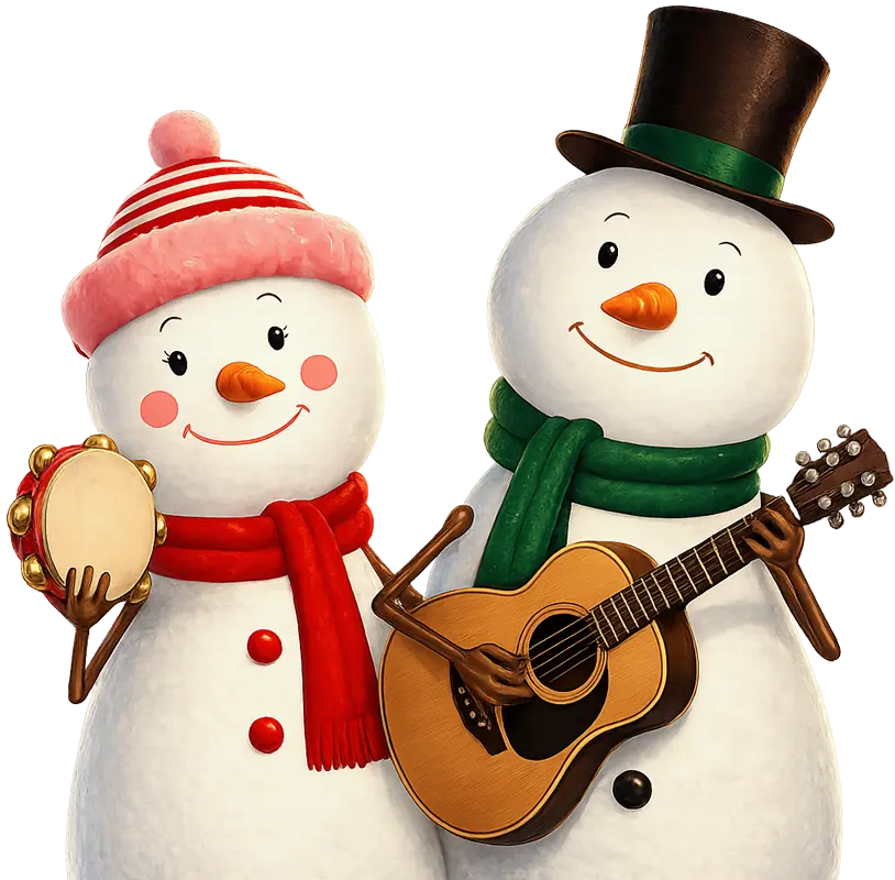 Christmas at the Crossing Singing Snowman and Snowwoman Singing snowman and snowwoman mascots performing with an acoustic guitar and tambourine for Christmas at the Crossing at Colorado River State Historic Park in Yuma, Arizona