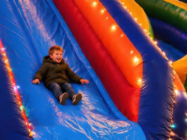 A young boy sliding down a colorful inflatable slide at Christmas at the Crossing.